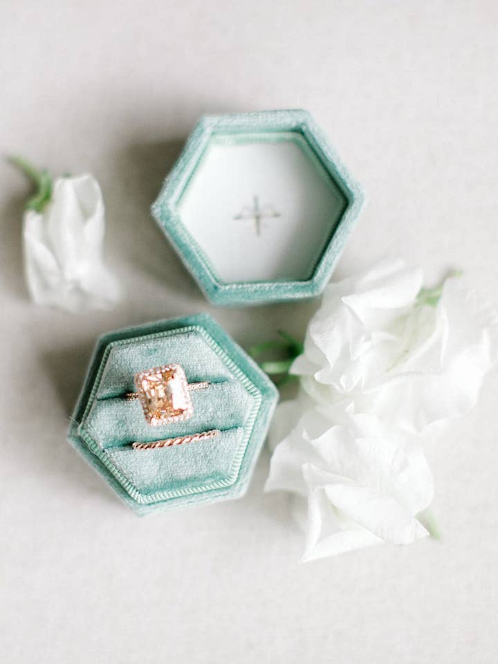 Sage Green Velvet Hexagon Ring Box for wholesale by Belle Box Boutique