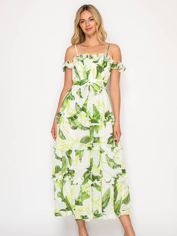 DM4235 TROPISK ÆRMELØS TALJEBÅNDET FLÆSE MIDI KJOLE for engroshandel hos Miss Avenue