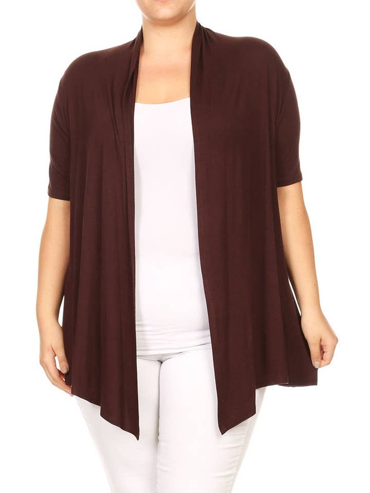 MOA COLLECTION - Wholesale Cardigan - Women's - Women's Plus Size Short Sleeves Draped Solid Cardigan5