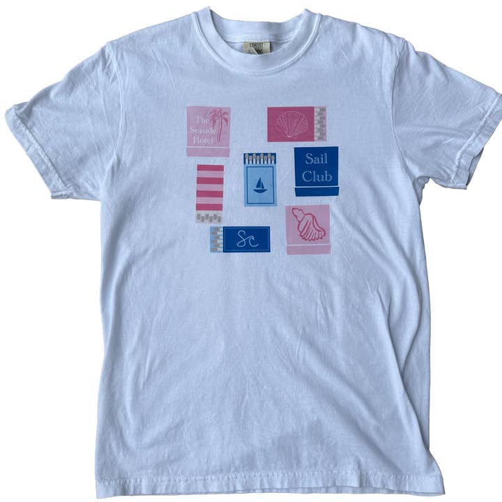 Illustrated Coastal inspired Matchbooks Comfort Colors Tee for wholesale by Slow Rise LLC