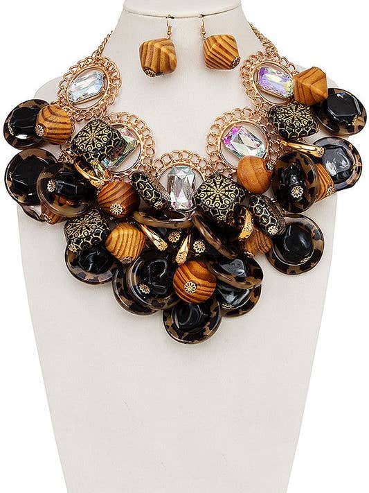 Faceted Cluster Wood Bead Necklace Set for wholesale by Andrea Bijoux