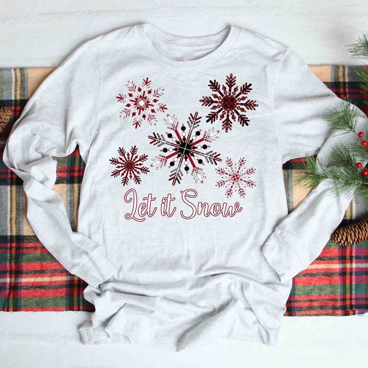 Let it Snow Plaid Snowflakes Long Sleeve for wholesale by MidWest Tees