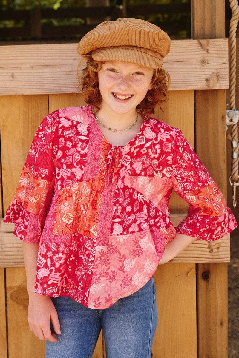 Pink Mix Girls Print Blocked Cinch Sleeve Baby Doll Top for wholesale on Faire0