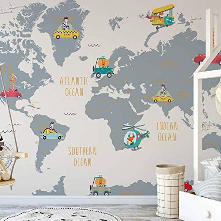 World Map and Cartoon Animals Removable Wallpaper for wholesale by GK Home Decor