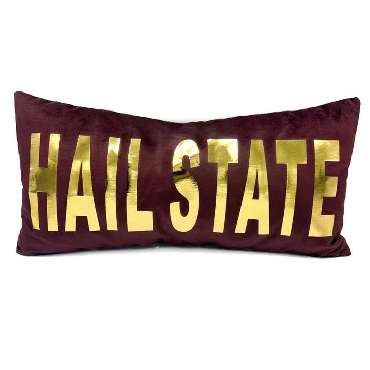 Maroon Velvet Gold Foil HAIL STATE Pillow for wholesale by Rachel Brooks Design, LLC