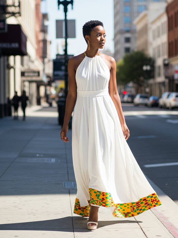 Weißes Scuba-Kleid mit Kente-Besatz und langem Schnitt für den Großhandel von Ne Ndoro