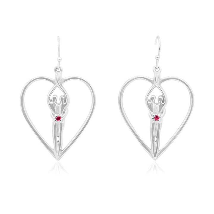 Soulmate Heart Earrings, 1" by ¾", .925 Genuine Sterling Silver, Ear Wire, Ruby Cubic Zirconia for wholesale by Symbol of Love Jewelry
