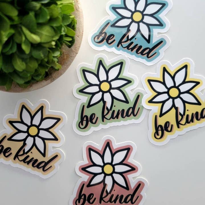 Be Kind with White Flower Sticker for wholesale by Jen Writes This LLC