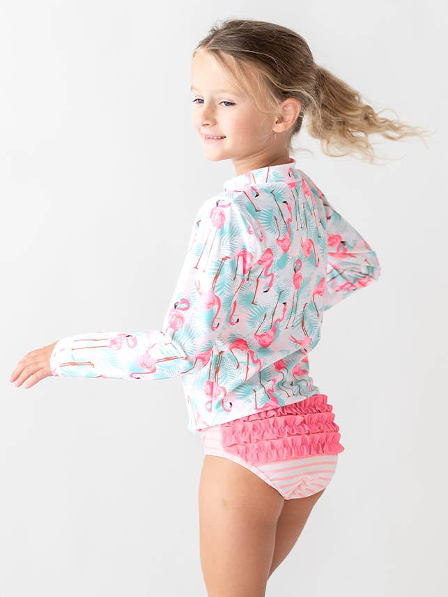 Multi color Girls Vibrant Flamingo Long Sleeve Zipper Rash Guard 2-Piece Swimsuit with Signature Rear Ruffles
for wholesale on Faire