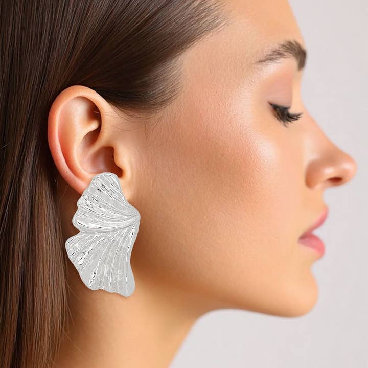 Clip On Silver Fanned Wing Polished Earrings Women for wholesale by PinktownUSA