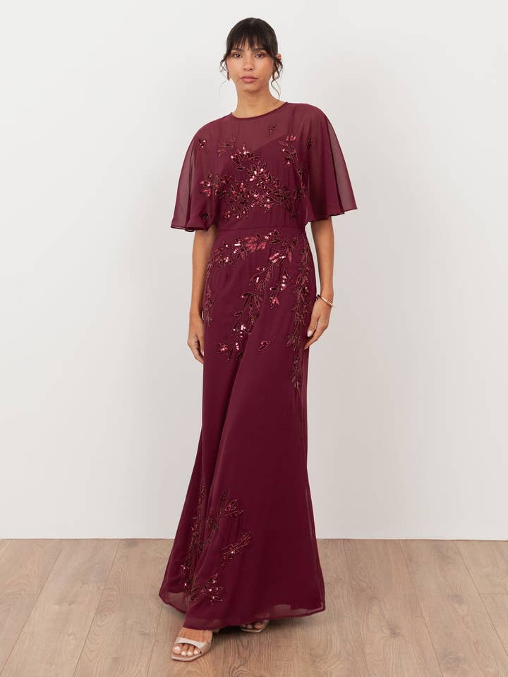 Maya Cranberry Floral Embellished Angel Sleeve Maxi Dress for wholesale by Plaza Collection Ltd