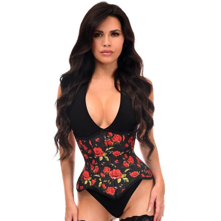 Corsetto da allenamento in acciaio con doppio cassetto con rose rosse per la vendita all'ingrosso da parte di Daisy Corsets