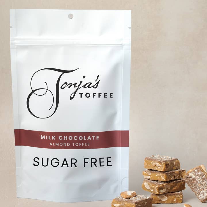 Sugar Free Milk Chocolate Almond Toffee for wholesale by Tonja's Toffee