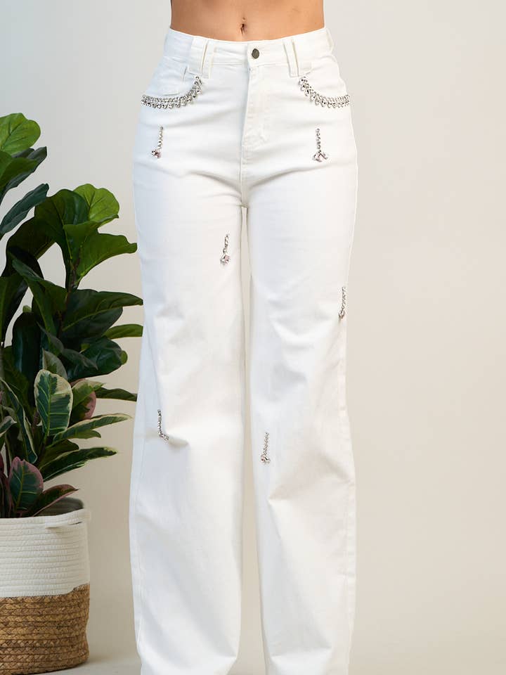 HIGH WAIST DENIM PANTS JEWEL ACCENT for wholesale by Hesperus