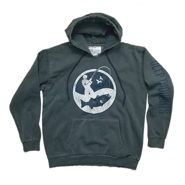 Sweat à capuche à logo pêcheur « Angler » - Vintage Aqua-Navy pour la vente par Deep Thoughts Designs