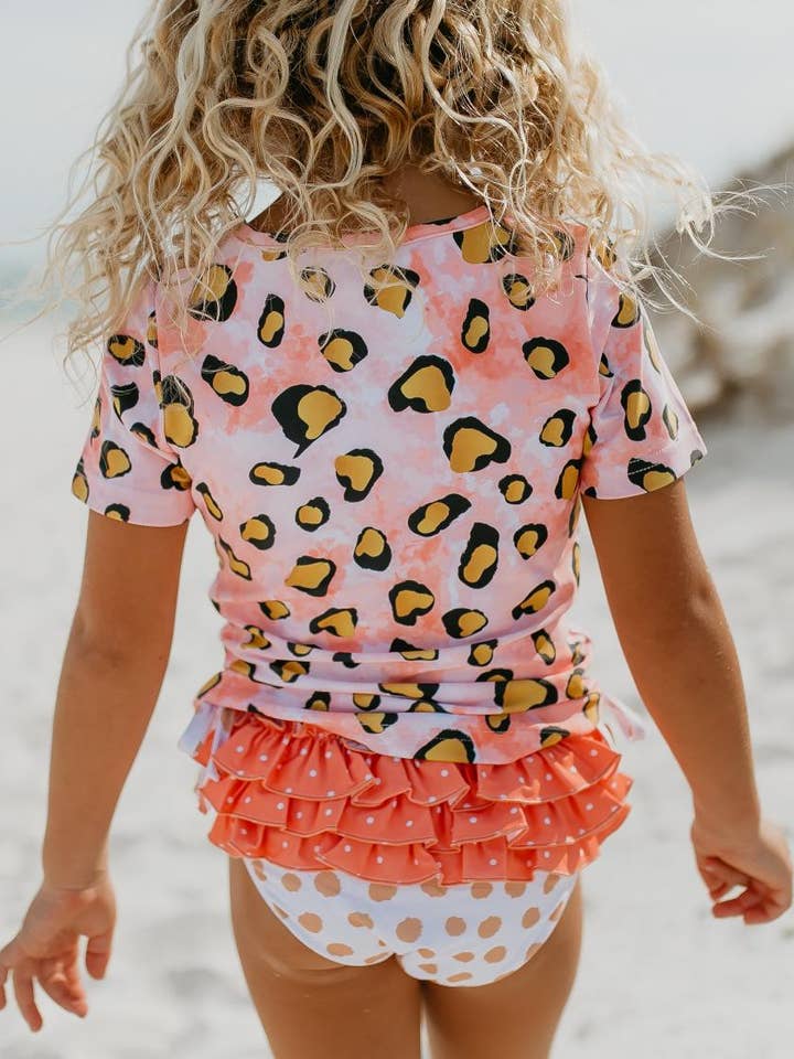 Kids Pink Leopard Rash Guard Ruffle Swimsuit for wholesale by Oopsie Daisy