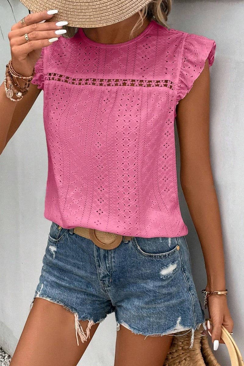 NINEXIS - Wholesale Blouse - Women's - CWTBLS0605_ ROUND NECK LACE RUFFLE SHORT SLEEVE BLOUSE TOP21