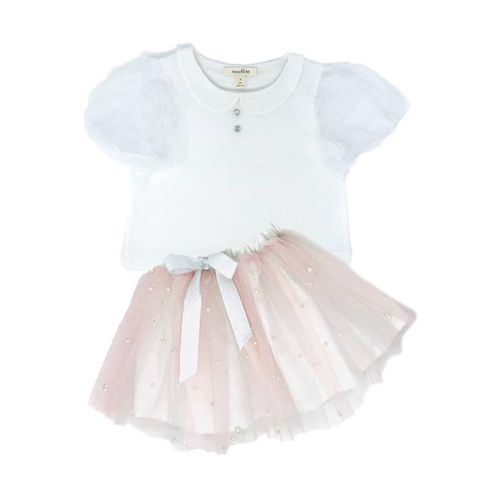 Conjunto de top blanco con mangas abullonadas y falda de tul rosa en forma de pera para niña para venta al por mayor de Koochické