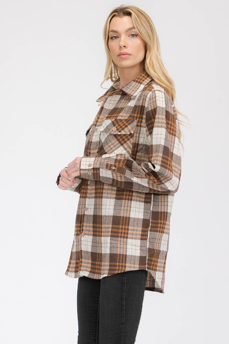 WEIV - Wholesale Button Down Shirt - Women's - W-FL104 Womens Boyfriend Flannel Checkered Plaid Long Sleeve2