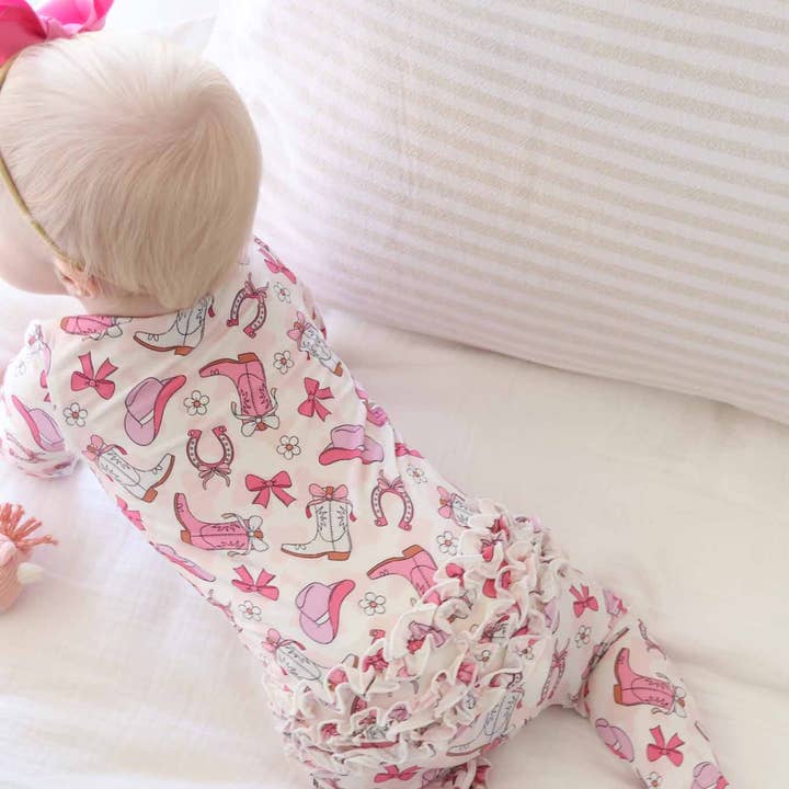 Rodeo Dreams Ruffle Zipper Footie | Pink for wholesale by Caden Lane