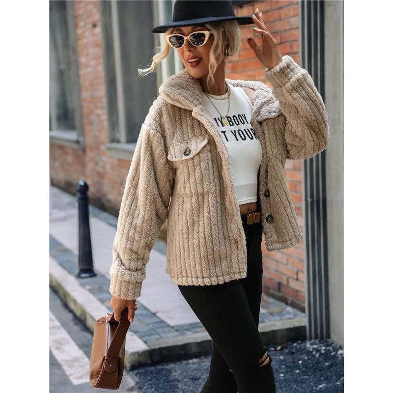 LIGHT COFFEE Double-Sided Fleece Solid Color Lapel Single Breasted Outerwear for wholesale on Faire3