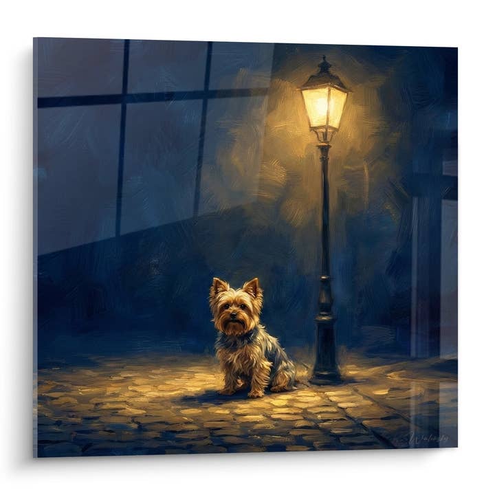 Yorkshire Terrier Painting Under Nocturnal Streetlight - Charm of Cobblestone Streets - Yorkshire Terrier Edition for wholesale by Walensky