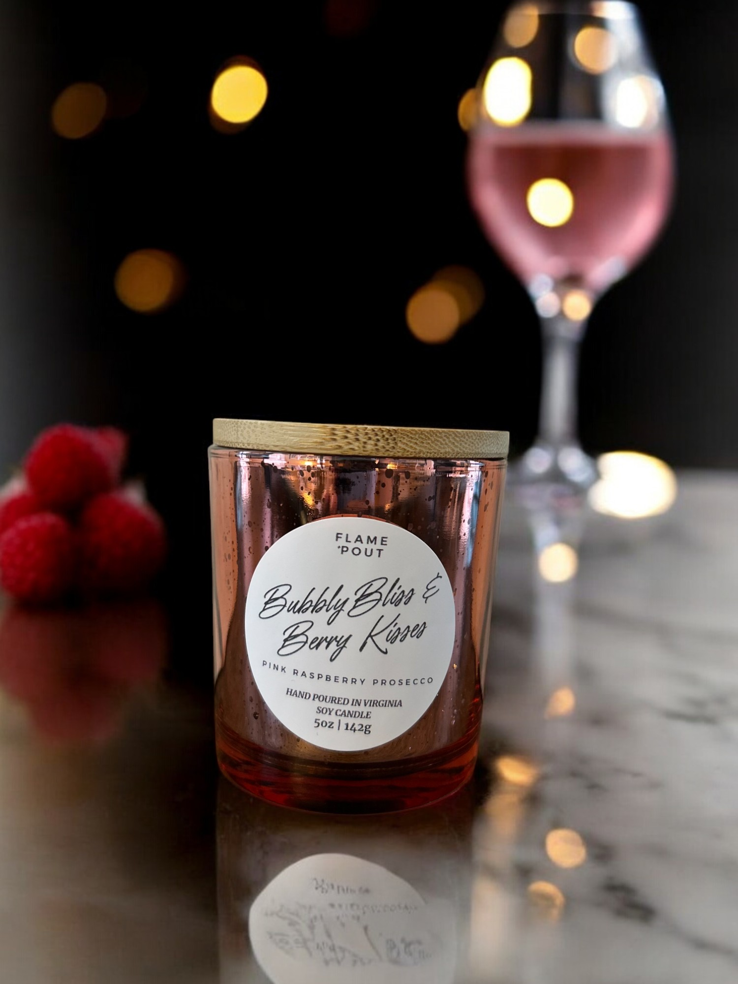 Flame + Pout - Wholesale Jar/Filled Candle - Champagne & Blossom Candle | Effervescent Champagne, Raspberries & Tropical Florals0