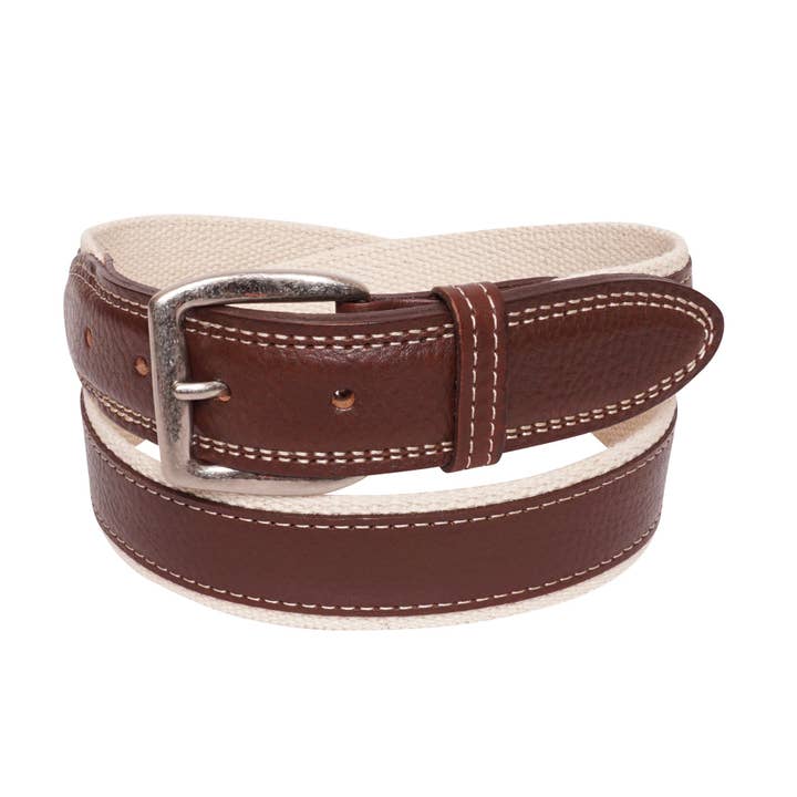 Brown Textured Leather Belt on Natural Web for wholesale by YRI Custom Designs
