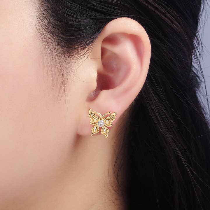 Aim Eternal - Wholesale Stud/Post Earrings - 14K Gold Filled CZ Molten Butterfly Stud Earrings | Q221