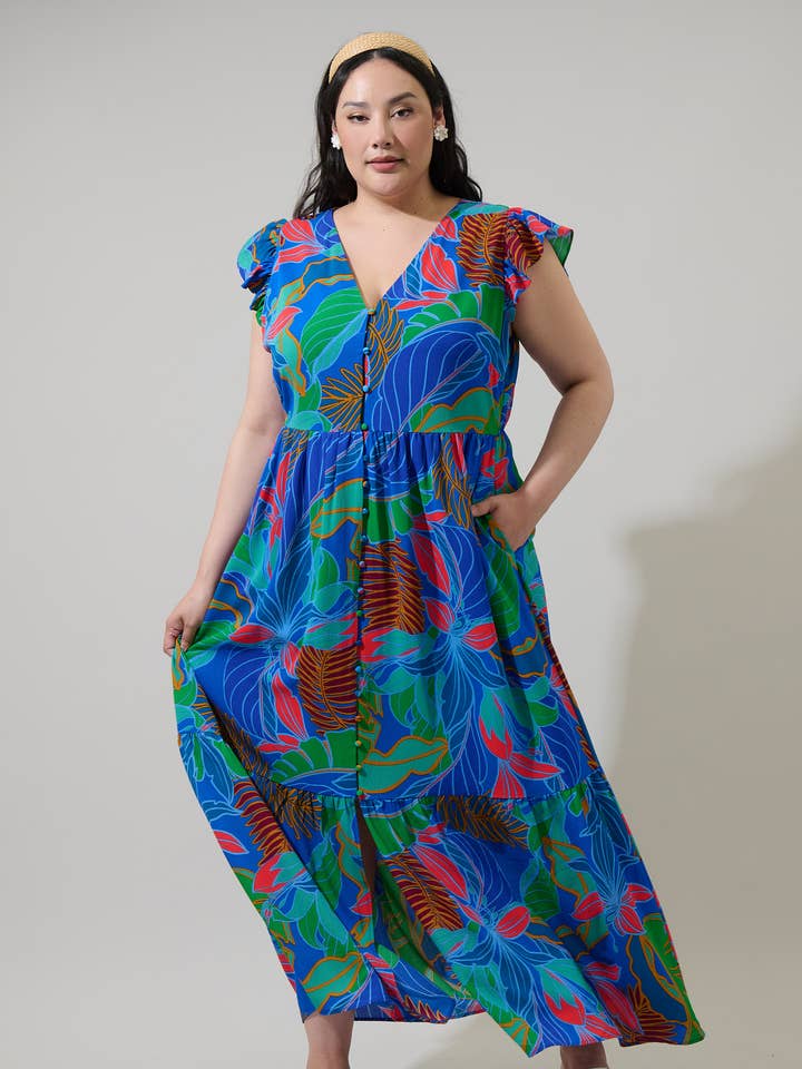 Cobalt Multi Malton Tropical Evianna Button Down Flutter Maxi Dress Curve for wholesale on Faire