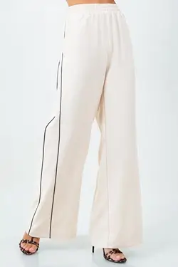 CONTRAST PIPING DETAILED STRAIGHT LEG TROUSERS - BEIGE for wholesale on Faire0