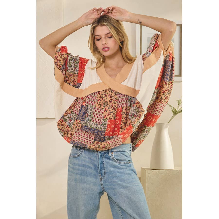 Oli&Hali - Wholesale Knit Top - Women's - WASHED RIB CROSSED PATCHWORK TOP0