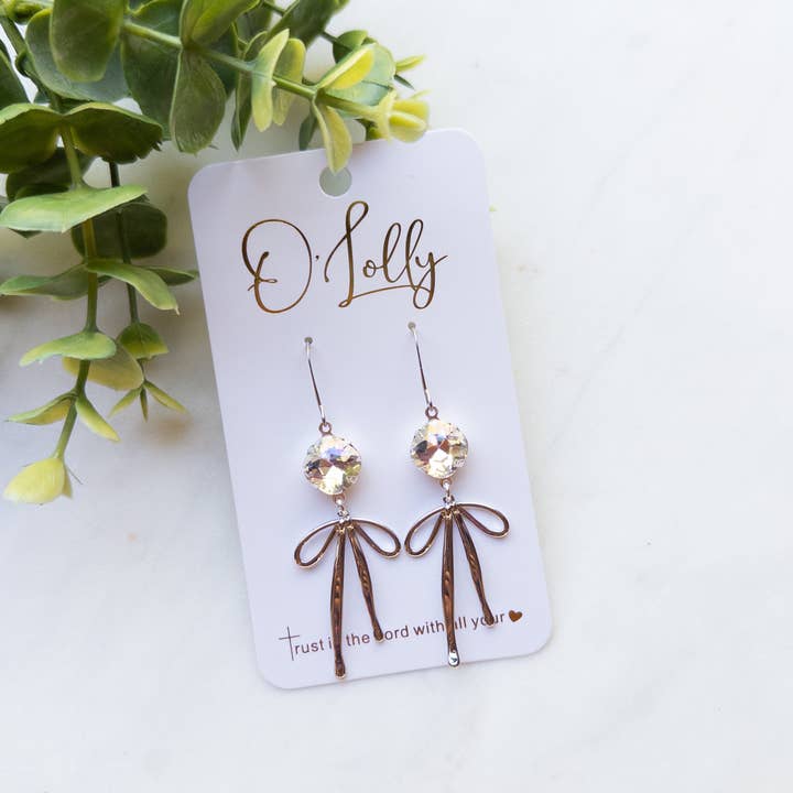 O’Lolly Jewelry - Wholesale Dangle Earrings - O’Lolly “Blakely” Earrings- Clear Stone w/Gold Bow Dangle2