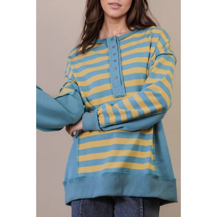 Oversized Striped Half Button Down Casual Knit Top for wholesale by Paperdoll