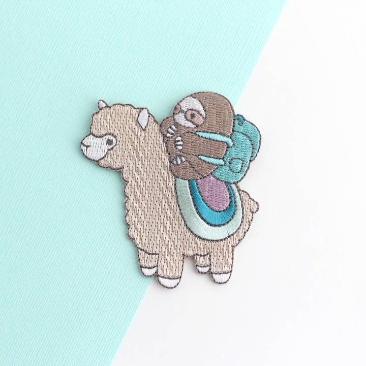 Sloth and Alpaca Adventurer Embroidered Iron On Patch for wholesale by Wild Whimsy Woolies