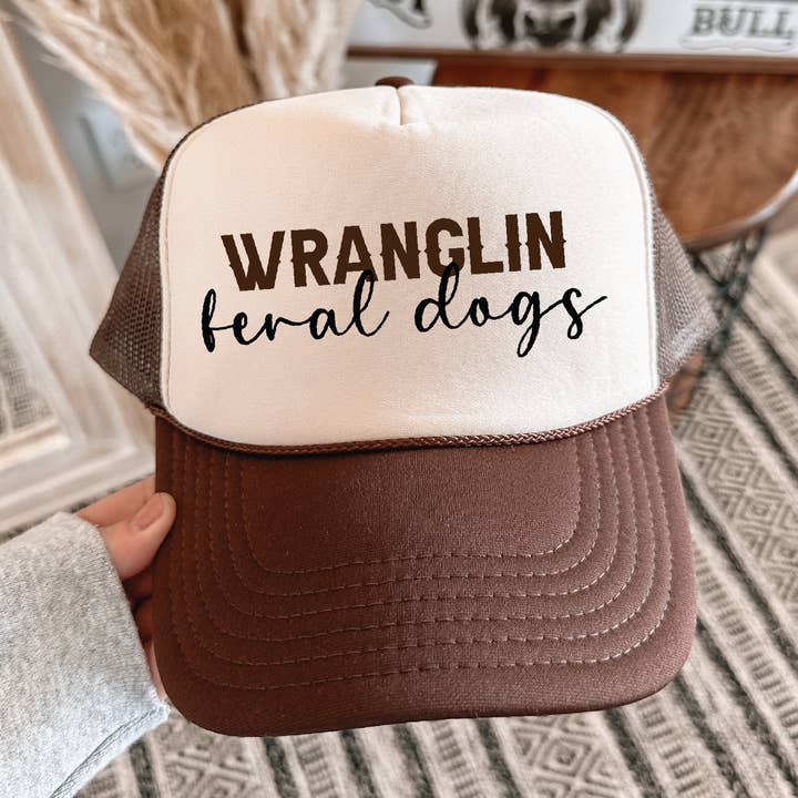 Wranglin Feral DOGS DTF Printed Brown & Tan Trucker Hat/ Brown & Black Ink for wholesale by Southern Attitude Designs Inc