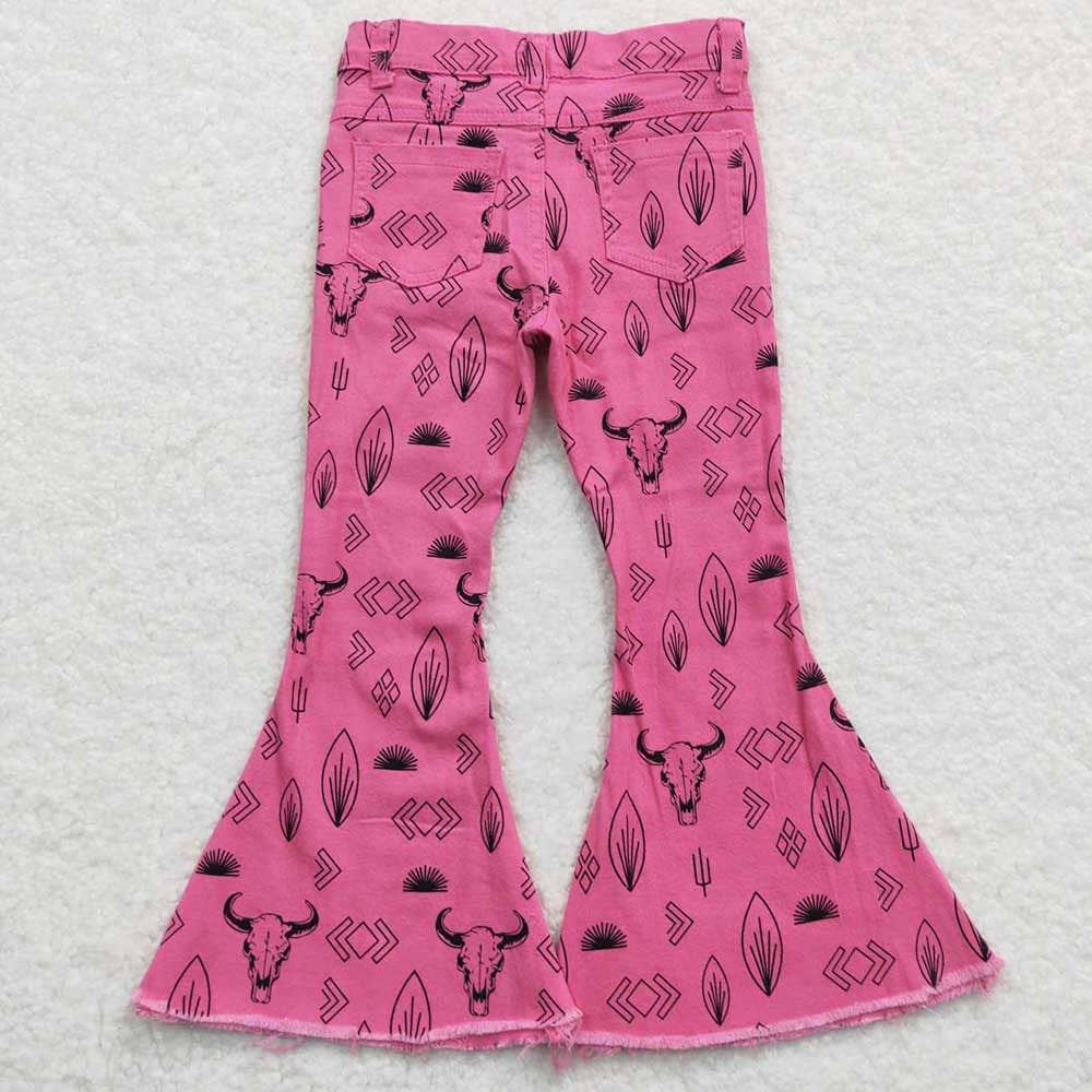Aier Wholesale - Wholesale Jeans - Kids - Baby Girls Western Pink Cow Denim Bell Pants1