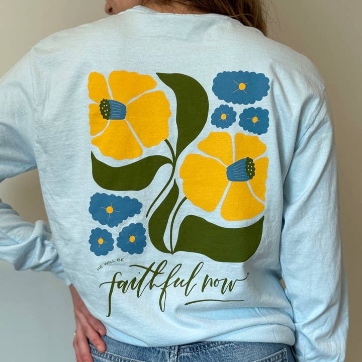 Faithful Then & Now Long-Sleeve Pocket Tee in Chambray for wholesale by Etch & Co