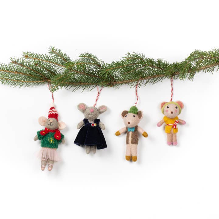 Xmas Mice Felted Wool Christmas Ornaments – Set of 4 for wholesale by Lost Horizons Knitwear – Ships from USA