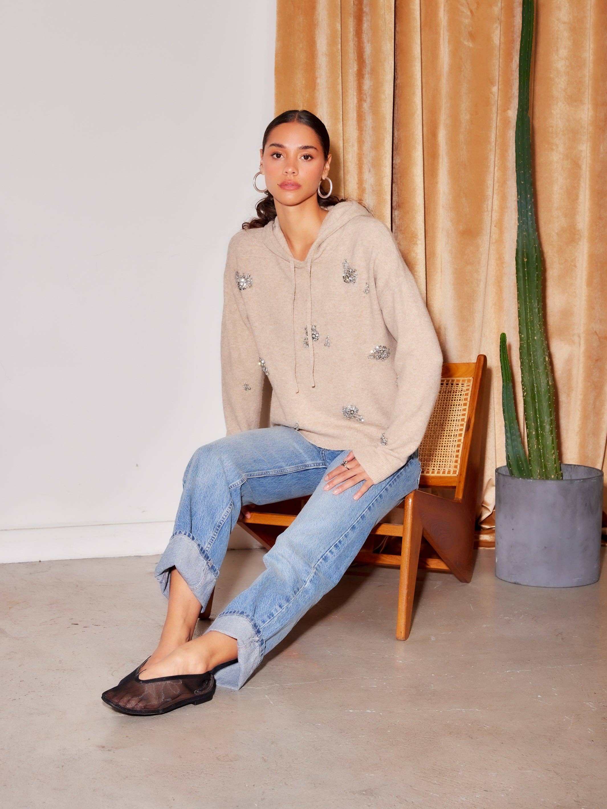 Heather Oatmeal F Krystal Embellished Hoodie for wholesale on Faire