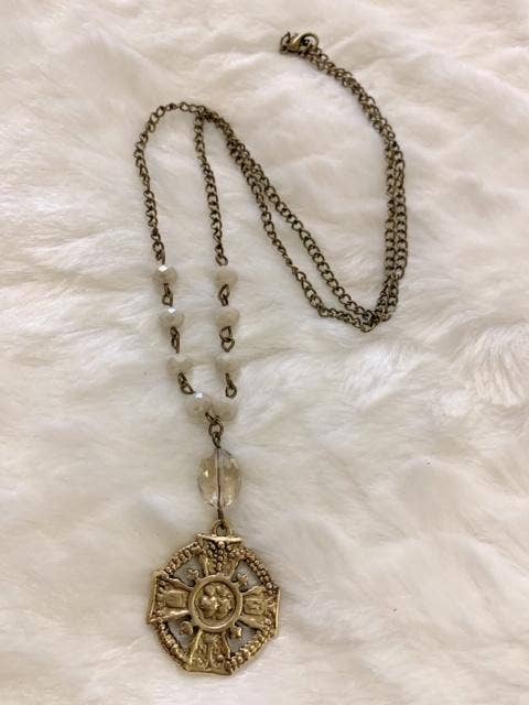 Bronze Sacred Immaculate Heart Cross Shield w/ Cream Swarovs for wholesale by Petals Jewelry Designs By Brandi Crain