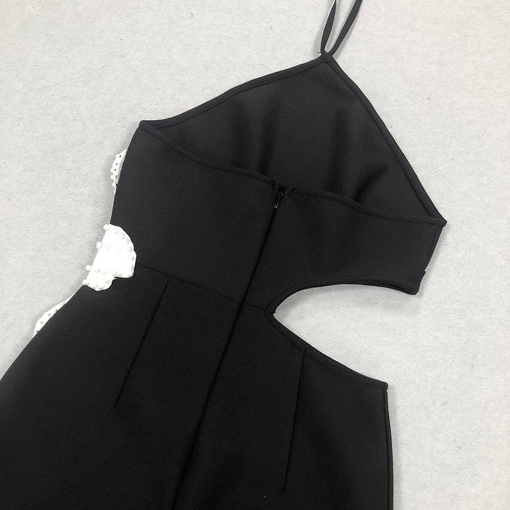 Noir Robe mi-longue à dos nu à motif floral DR298 en vente sur Faire11