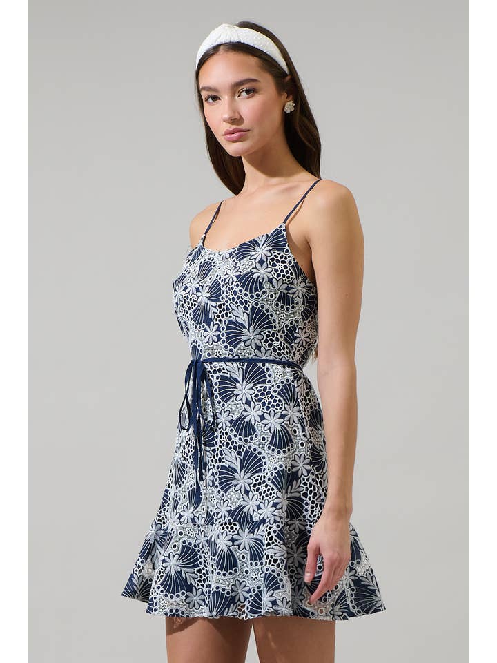 BLUE WHITE Skye Eyelet Rudy Mini Dress for wholesale on Faire