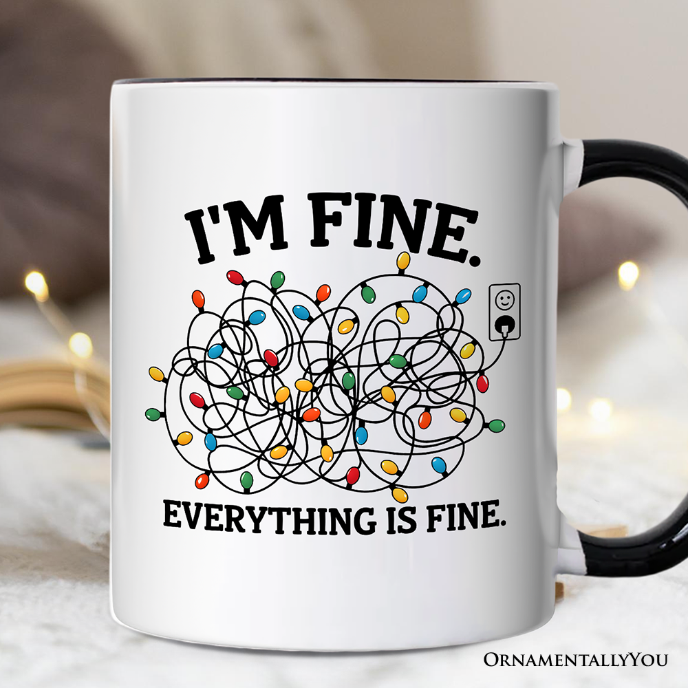 White Black Handle I’m Fine Christmas Lights Gift Mug, Funny Holiday Humor Gift for wholesale on Faire0