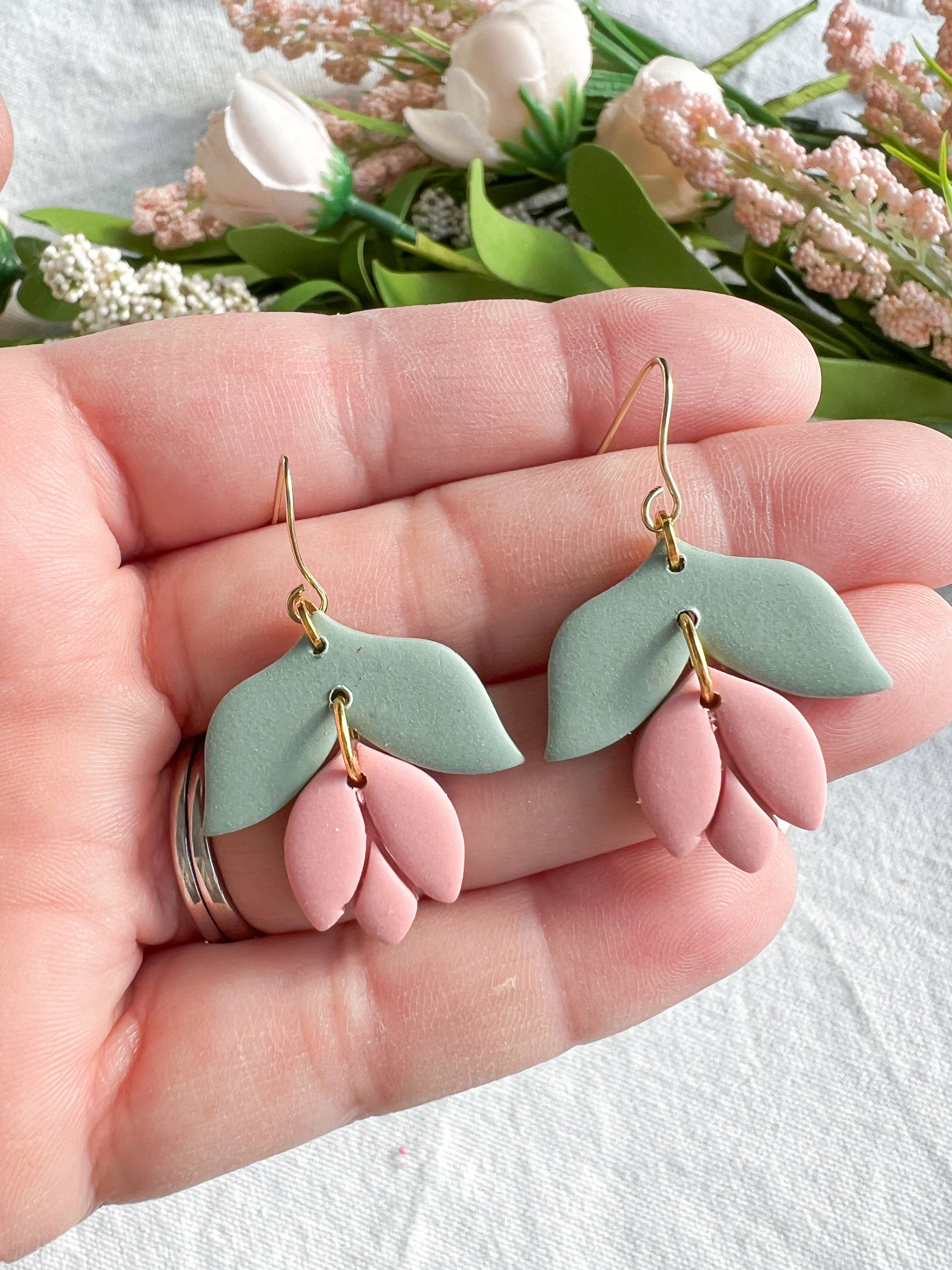 Morning Dew Designs - Wholesale Dangle Earrings - Soft Pastel Tulip Drop Leaf Polymer Clay Earrings0