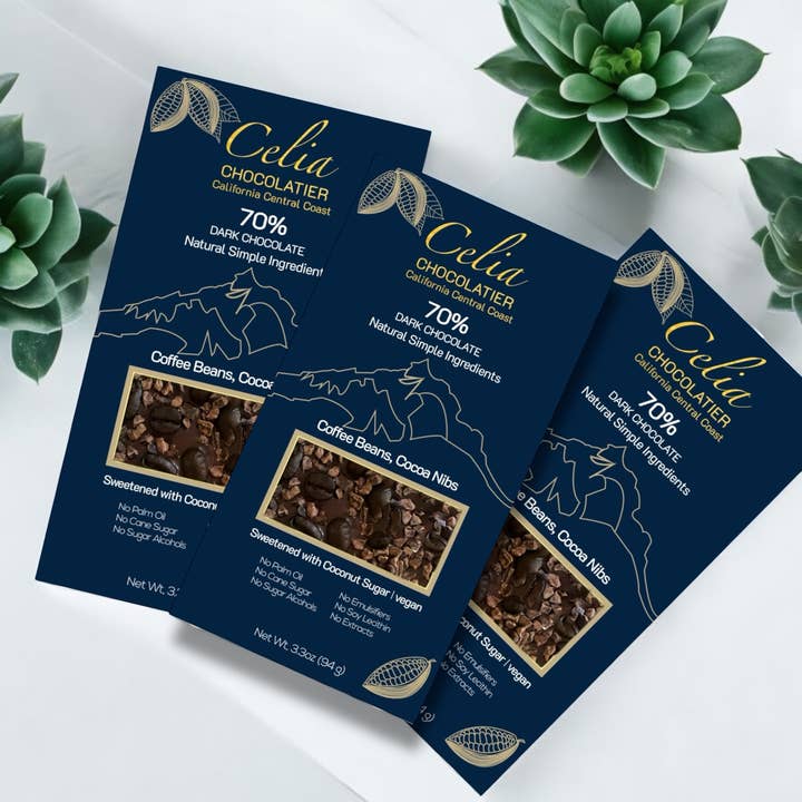 70% Dark Chocolate  Coffee & Nibs | Coconut Sugar | Vegan for wholesale by CELIA CHOCOLATIER