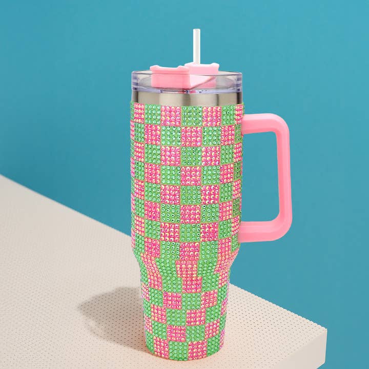 PK PG Bling Studded Checkered Patterned 40oz Stainless Tumbler for wholesale on Faire