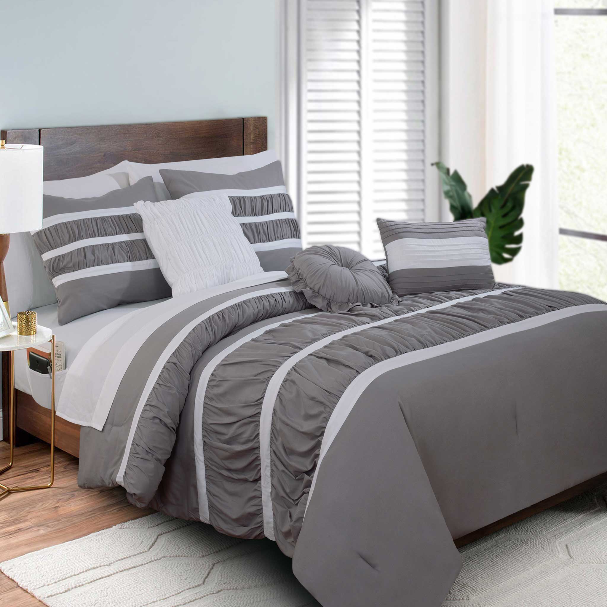 Elegant Comfort - Wholesale Bedding Set - Elegant Comfort 12-Piece Isabella Pleated Ruched Ruffled Comforter Set, Includes 6-Piece Sheet Set with Double Sided Storage Pockets2