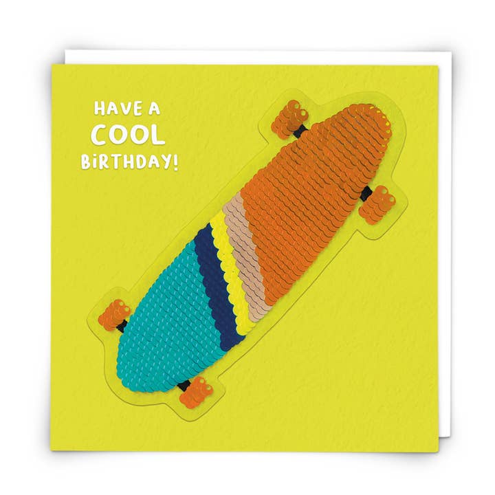 Biglietto di Auguri con Skateboard e Patch di Paillettes Riutilizzabile per la vendita all'ingrosso da parte di Redback Cards UK