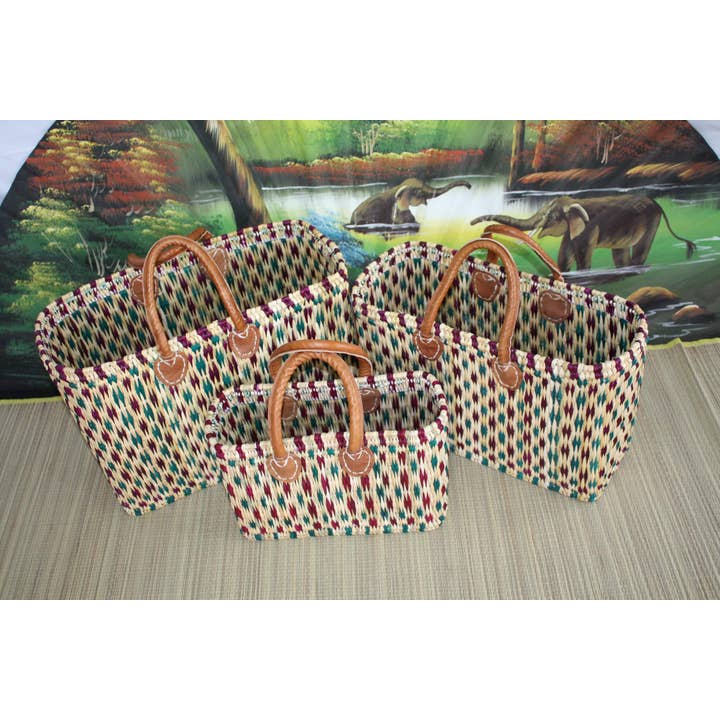 Boutique Huléti - Wholesale Grocery/Shopping Bag - Handmade woven rush shopping basket - Tote markets wicker rattan bag - Moroccan Berber - Green & Purple - 3 Sizes